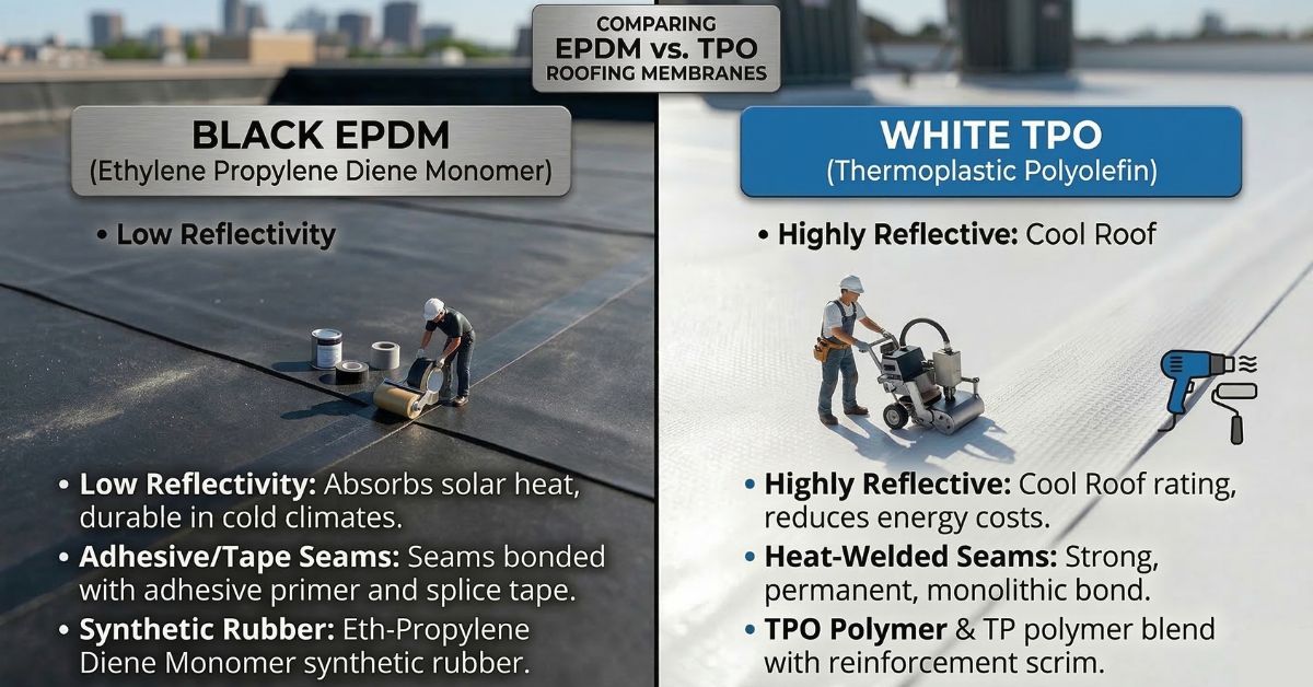 Side-by-side comparison of white TPO roofing membrane and black EPDM synthetic rubber roofing.