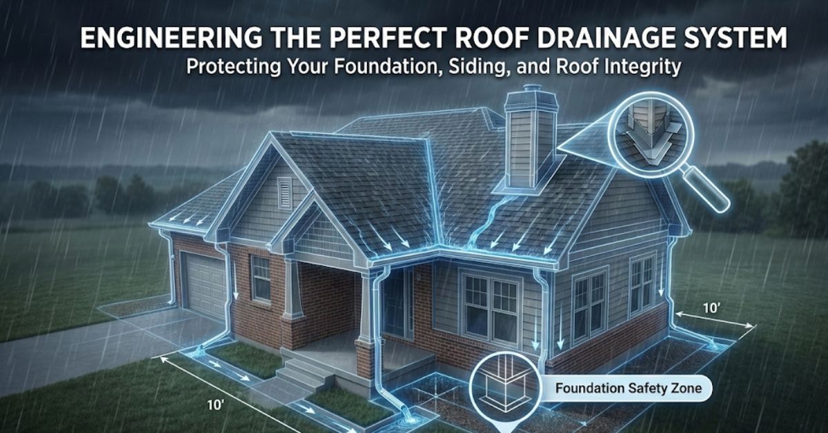 3D architectural diagram of a residential roof drainage system showing gutters, downspouts, and extensions protecting a Missouri home foundation.