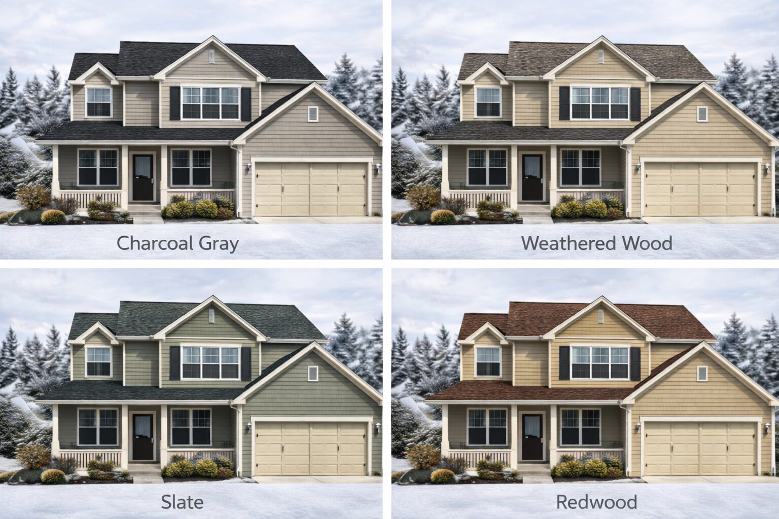 A four-panel grid showing the same two-story tan house with different asphalt shingle roof colors labeled: Charcoal Gray, Weathered Wood, Slate, and Redwood.